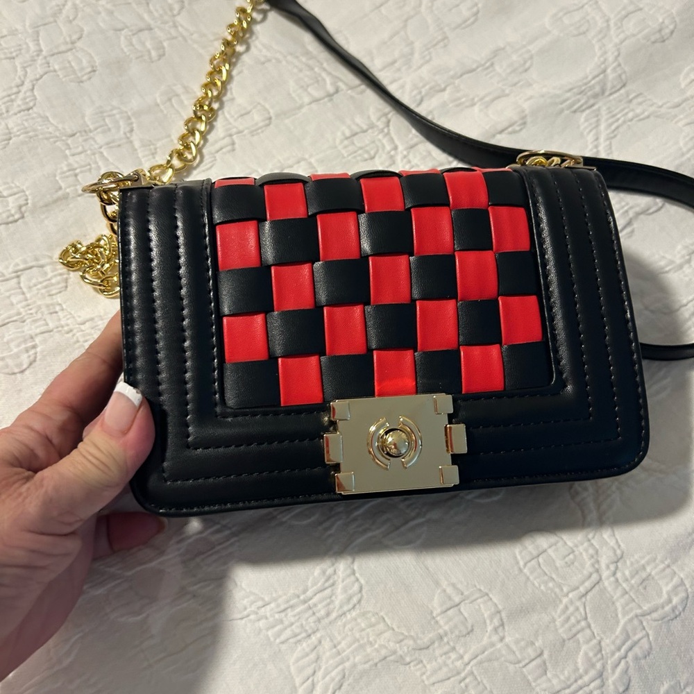 Red and Black Crossbody Bag with Gold Chain